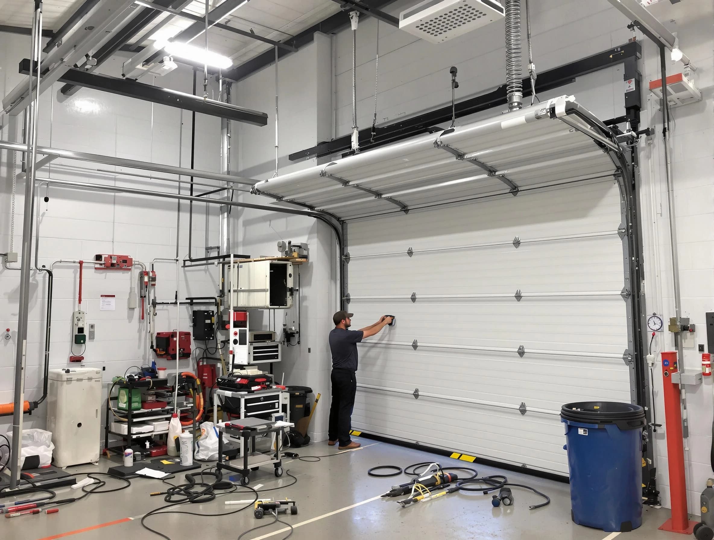 West Bountiful Garage Door Repair certified technician performing commercial door repair at a West Bountiful business facility