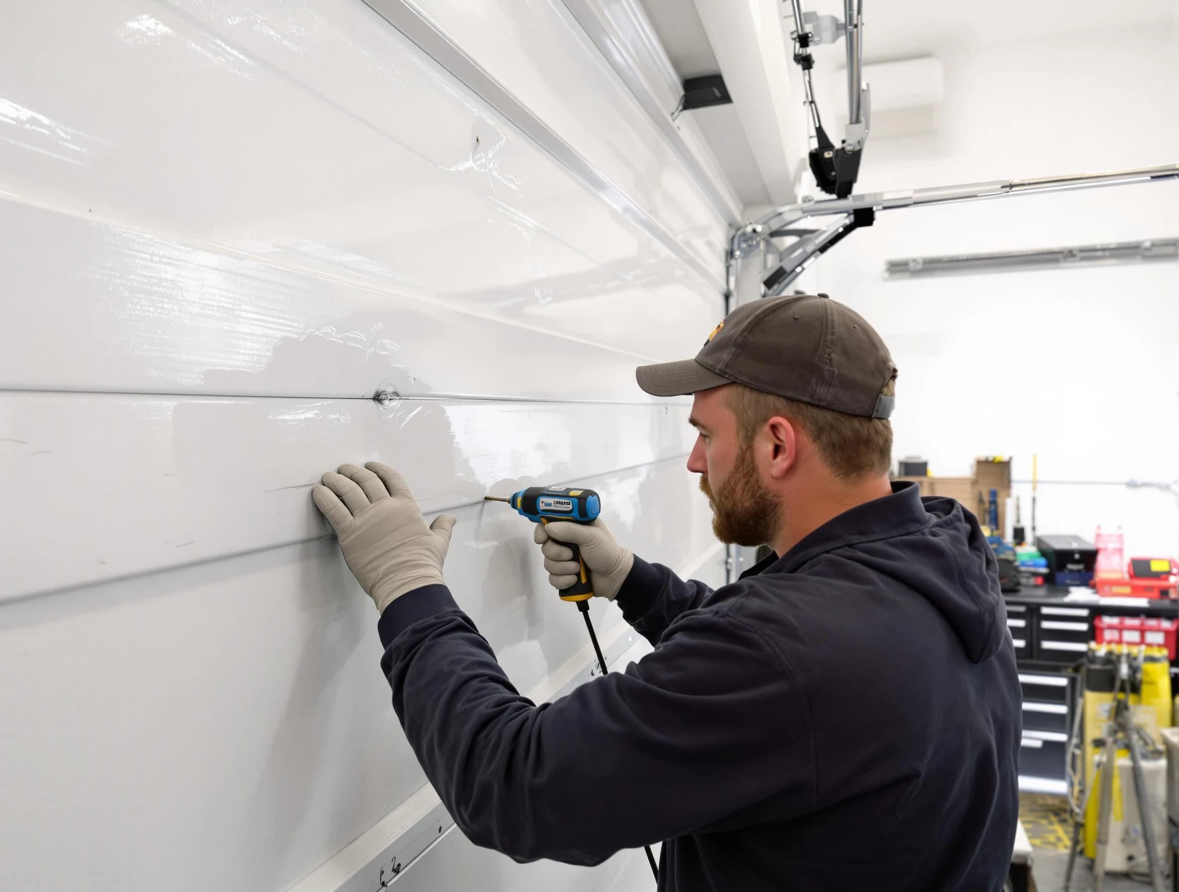 West Bountiful Garage Door Repair technician demonstrating precision dent removal techniques on a West Bountiful garage door