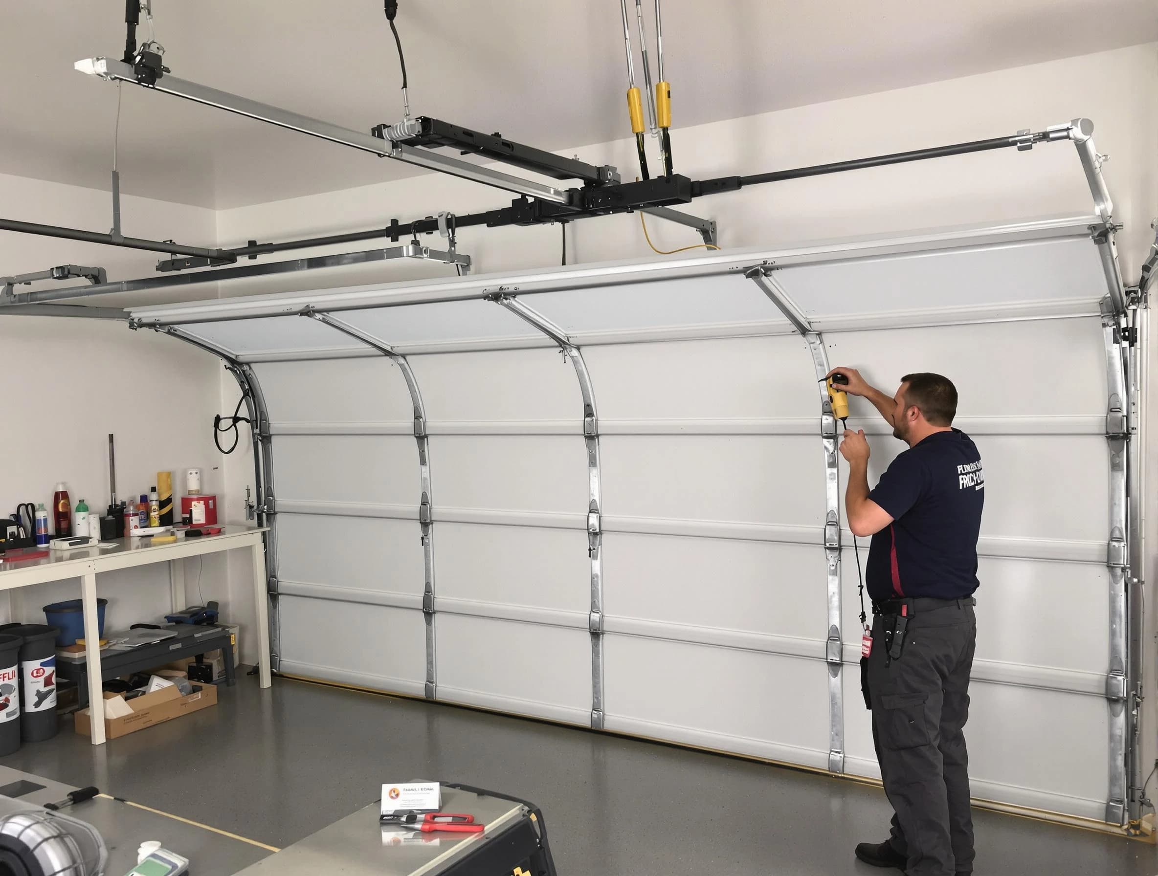 West Bountiful Garage Door Repair certified technician performing overhead door system repair in West Bountiful